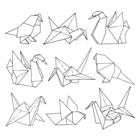 Origami birds shapes vector set, hand drawn folder paper art color animal illustration isolated on white background: crane, swan, dove, parrotのイラスト素材