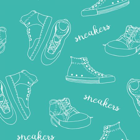 Sneakers sketch vector pattern, active shoes seamless backgroundのイラスト素材