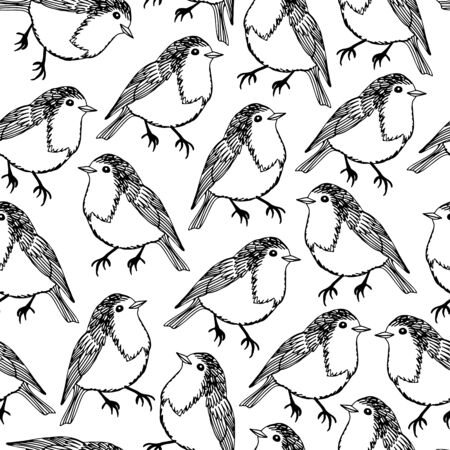 Cute birds seamless vector pattern, hand drawn robin backgroundのイラスト素材