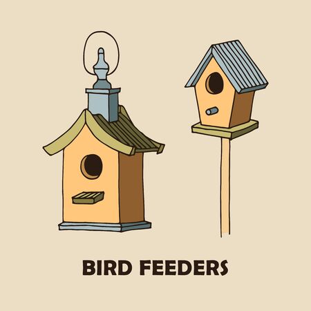Bird feeders vector illustration, hand drawn illustration isolated on beige backgroundのイラスト素材