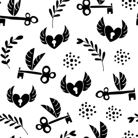 Flying hearts and keys seamless pattern, hand drawn hearts, keys, flowers, leafs, polka dots love backgroundのイラスト素材