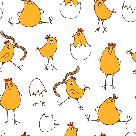 Little chicks baby pattern, seamless background with cute cartoon rooster, eggs and wormsのイラスト素材