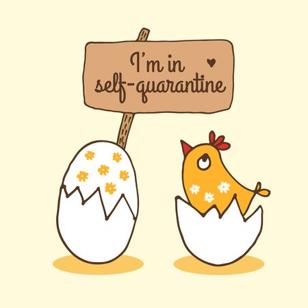Cartoon chick and egg in self-quarantine, hand drawn vector illustration isolated on yellow backgroundのイラスト素材