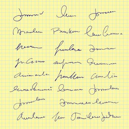 Abstract handwritten signatures for design documents, sheet of paper with vector unreadable script, calligraphy for mockupのイラスト素材