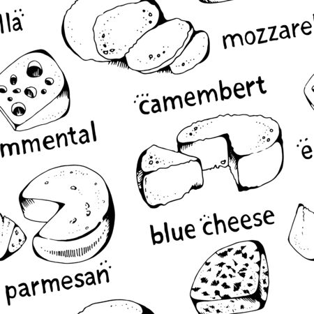 Cheese collection seamless vector pattern, isolated on white background, blue cheese, emmental, camembert, mozzarella, ricotta, parmesan with hand drawn textのイラスト素材