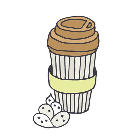Plastic cup of coffee and dessert, vector drawing isolated on white backgroundのイラスト素材
