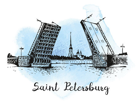 Palace Bridge and Peter and Paul Fortress vector illustration card with text, popular symbols of Saint Petersburg, Russia vector illustration on watercolor backgroundのイラスト素材