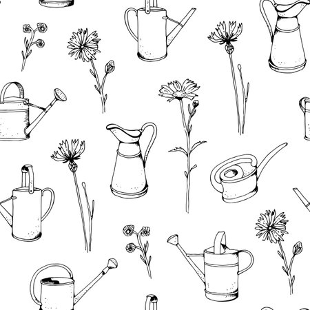 Garden watering can vector seamless pattern, hand drawn sketch spring backgroundのイラスト素材