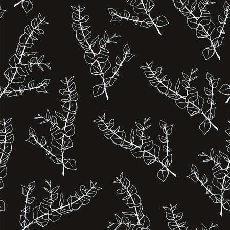 Minimal eucalyptus leaves twig seamless pattern, vector hand drawn illustration isolated on black backgroundのイラスト素材