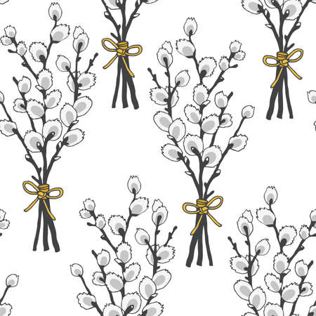 Willow branch hand drawn seamless pattern, vector line sketch illustration isolated on white backgroundのイラスト素材