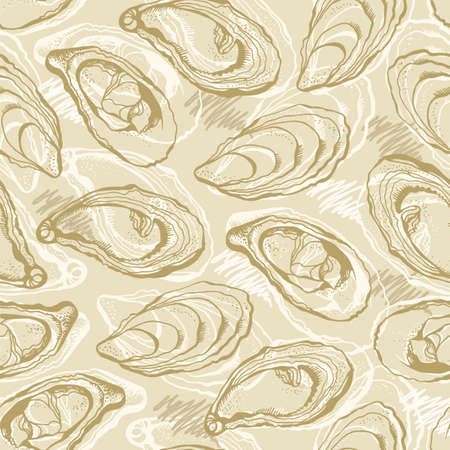 Oysters vector seamless background, hand drawn sea food backgroundのイラスト素材