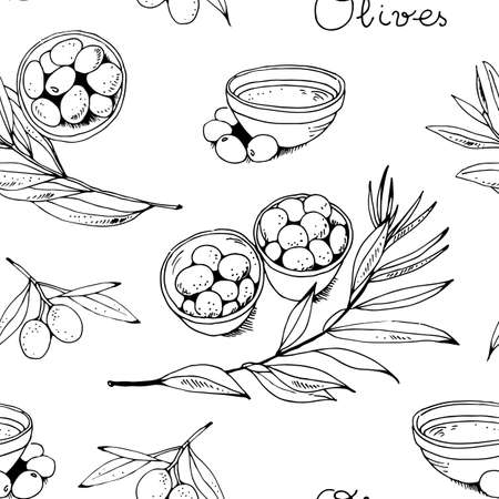 Olives and olive branch seamless vector pattern, olive oil vintage food backgroundのイラスト素材