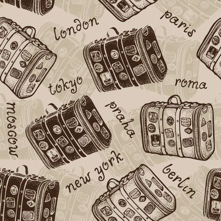 Vintage suitcase seamless vector pattern, old travel bag backgroundのイラスト素材