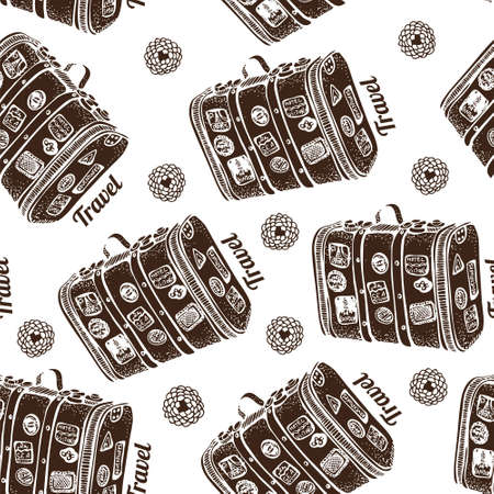 Vintage suitcase seamless vector pattern, old travel bag backgroundのイラスト素材