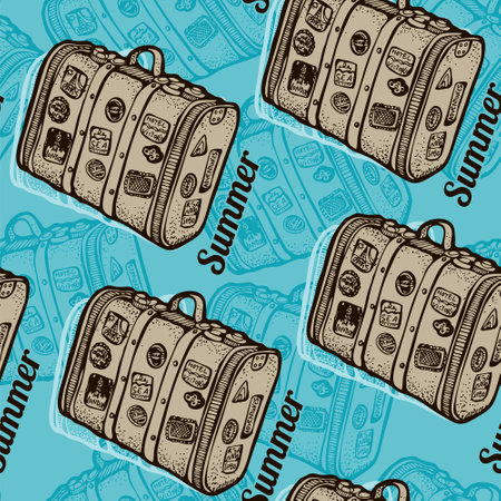 Vintage suitcase seamless vector pattern, old travel bag backgroundのイラスト素材