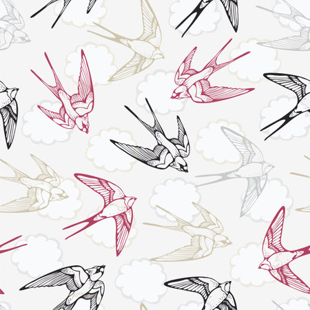 Swallow bird vector seamless pattern, hand drawn backgroundのイラスト素材