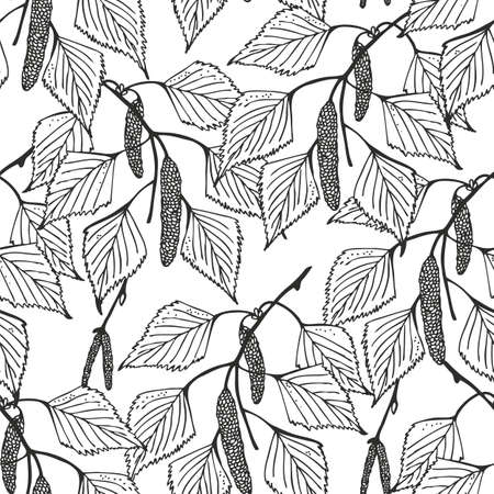 Birch branches with catkins and leaves vector seamless pattern, hand drawn natural tree backgroundのイラスト素材