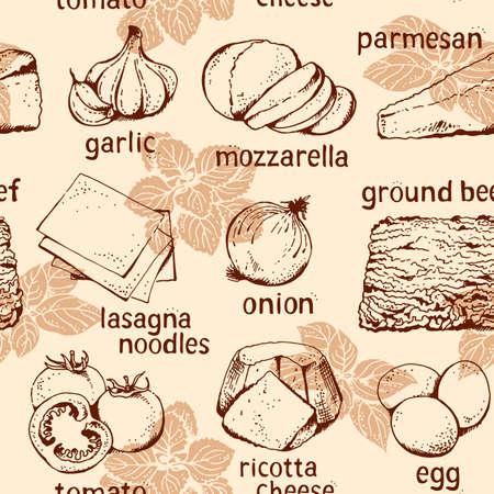 Lasagna ingredients vector seamless pattern, hand drawn food menu backgroundのイラスト素材