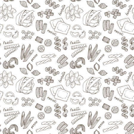 Pasta shapes vector seamless pattern, hand drawn italian pasta illustration isolated on white backgroundのイラスト素材