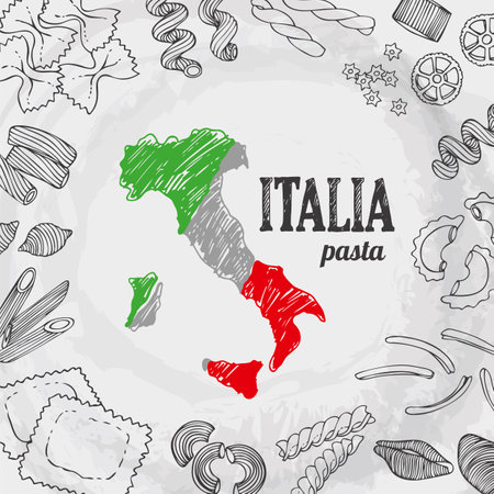 Italia food set, vector background with hand drawn italian pasta, map of Italyのイラスト素材