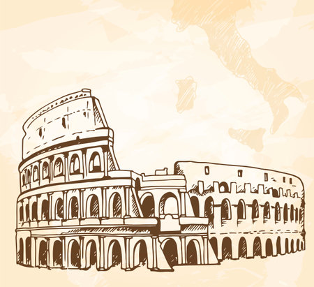 Italy background, Coliseum (Colosseum) drawing on a grunge vintage beige background with map of Italy and space for textのイラスト素材