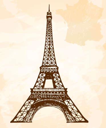 Vintage vector illustration of Eiffel Tower in Paris, France on beige grunge background with map of Franceのイラスト素材