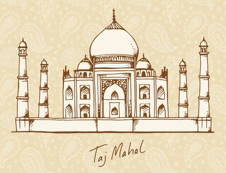 Vector illustration of Taj Mahal in Agra, India on hand drawn paisley background with textのイラスト素材