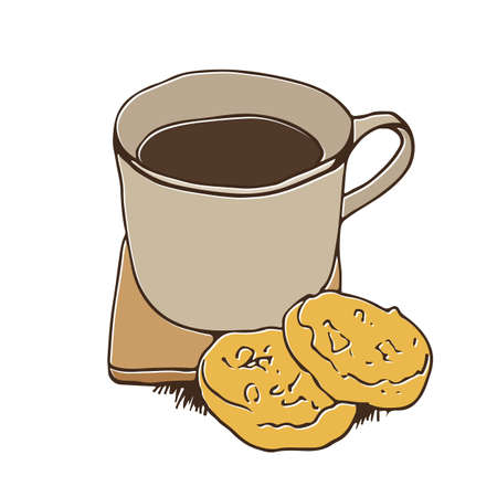 A cup of tea or coffee standing on a table, with biscuits, vector hand drawn illustration, isolated on a white backgroundのイラスト素材