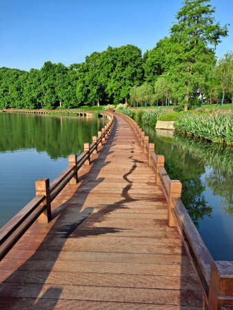 Wooden walkway in the park with reflection in the lake.の写真素材