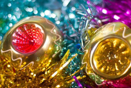 Christmas baubles on motley background,the most merry winter holidayの写真素材