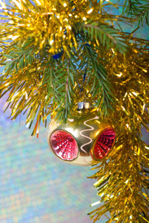 decorated christmas spruce, festive toysの写真素材