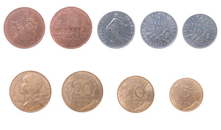 old coins to France,set of coins from different countries isolated on a white backgrounの写真素材