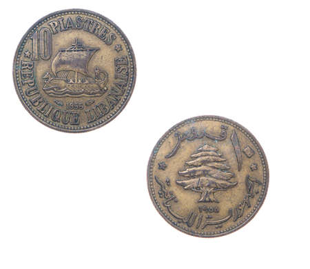 Old coins Lebanon.isolated on a white backgroundの写真素材