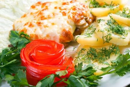 meat with potatoes and vegetable.Italian kitchen close upの写真素材