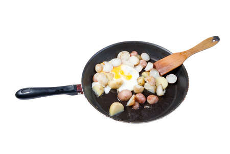 Fried eggs and fried potato.Fried eggs and fried potatoの写真素材