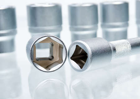 set of metallic tools as background close-up