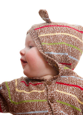 small caucasian girl   in jacket with ear. isolated on a white backgroundの写真素材