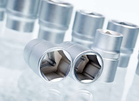 set of metallic tools as background close-up