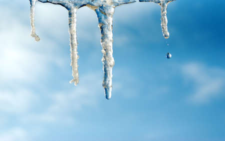 Falling drop from icicle.springtimeの写真素材