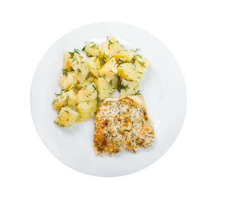 baked meat with potatoes .isolated on white backgroundの写真素材