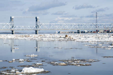 Driving of ice on river.spring landscape,port taps