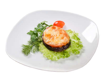 roasted tomato and eggplant. isolated on white backgroundの写真素材