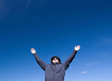 man on background blue sky.Conceptualの写真素材
