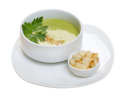 vegetable cream soup with brussels sprouts.isolated on white background.の写真素材