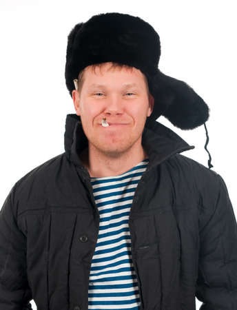 Russian man in winter fur cap  ,red-neck.isolated on white backgroundの写真素材