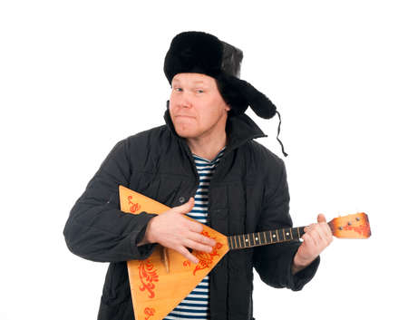 Russian man with balalaika,red-neck.isolated on white background の写真素材