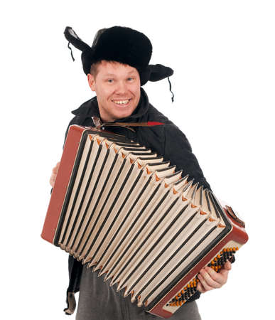 Russian man with accordion,red-neck.isolated on white background の写真素材