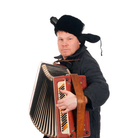 Russian man with accordion,red-neck.isolated on white background の写真素材