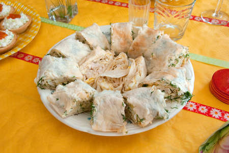 tasty home pancakes with vegetables and sauce  on plateの写真素材