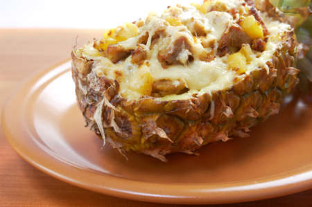 roast meat with cheese  grilled  in pineapple .closeupの写真素材